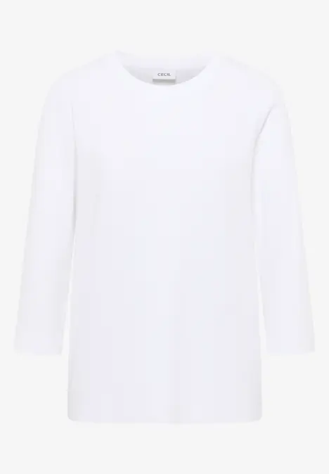 Weißes Langarmshirt mit Rundhalsausschnitt.