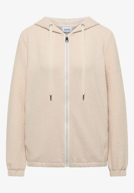 Beige, leicht strukturierter Reißverschluss-Hoodie mit Kapuze und Kordelzug.