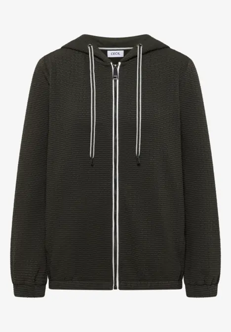 Schwarzes, texturiertes Hoodie mit Kapuze, Reißverschluss vorn und Kordeln.