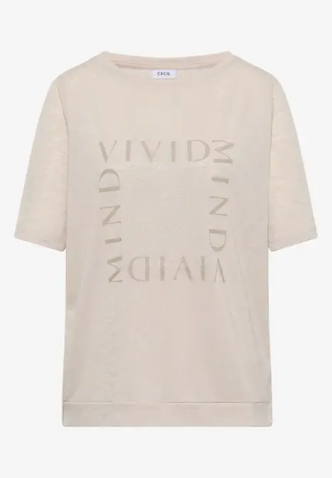 Beiges T-Shirt mit kurzen Ärmeln und dezentem „VIVID MIND“-Schriftzug auf der Vorderseite.
