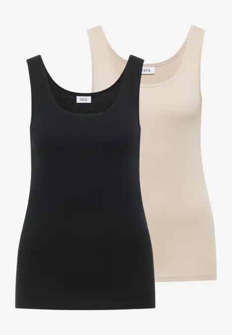 Zwei ärmellose Tanktops in Schwarz und Beige mit Rundhalsausschnitt.