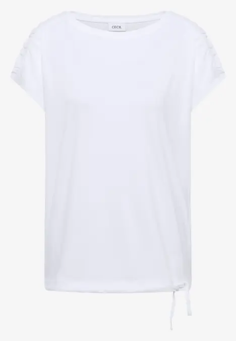 Weißes, lässiges T-Shirt mit kurzen Ärmeln, rundem Ausschnitt und seitlichem Kordelzug.