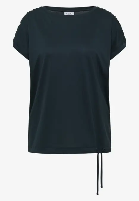 Schlichtes schwarzes Kurzarmshirt mit lockerem Schnitt und Kordelzug am Saum.