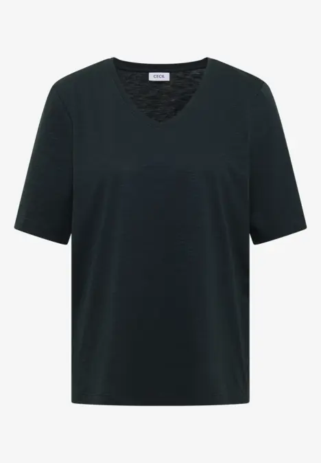 Schlichtes schwarzes V-Ausschnitt-T-Shirt mit kurzen Ärmeln.