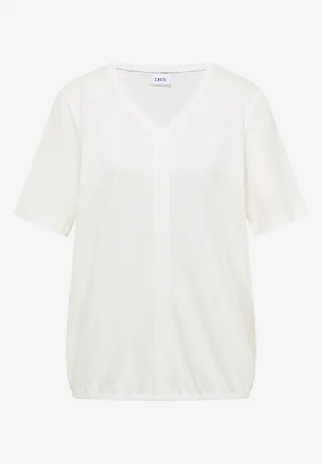 Schlichtes weißes Damen-Shirt mit V-Ausschnitt und halblangen Ärmeln.