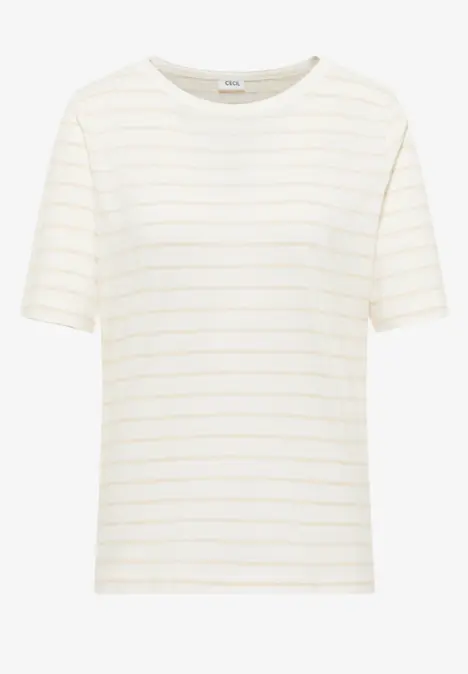 Kurzärmliges T-Shirt in cremeweiß mit feinen, horizontalen Beige-Streifen und Rundhalsausschnitt.