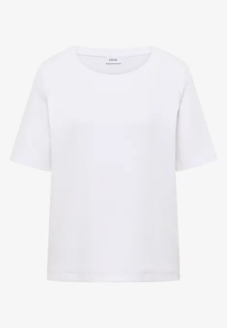 Schlichtes weißes T-Shirt mit kurzen Ärmeln und Rundhalsausschnitt.