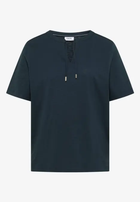 Schlichtes dunkelblaues Kurzarm-T-Shirt mit V-Ausschnitt und Kordelzug.