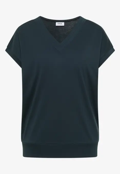 Schwarzes V-Ausschnitt-Shirt mit überschnittenen, kurzen Ärmeln und weitem Abschlussbund