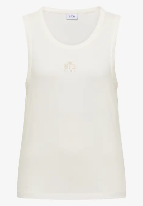 Weißes ärmelloses Baumwoll-Top mit rundem Ausschnitt und dezentem Logo auf der Brust.