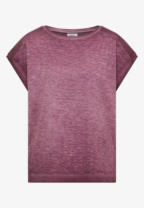 Schlichtes, kastig geschnittenes Damen-Shirt in meliertem Aubergine mit überschnittenen Ärmeln.