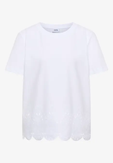 Weißes T-Shirt mit kurzen Ärmeln und besticktem, geschwungenem Saum mit Lochmuster.