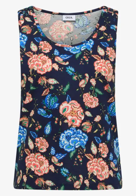 Ärmelloses Top in Marineblau mit buntem Rosenmuster.