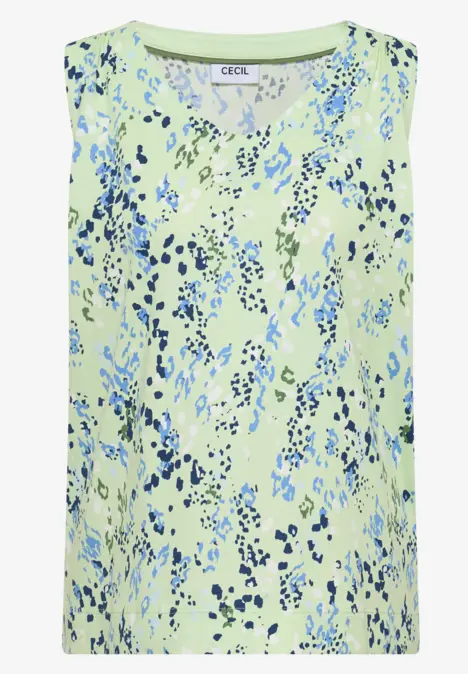 Débardeur vert pâle à imprimé floral bleu.