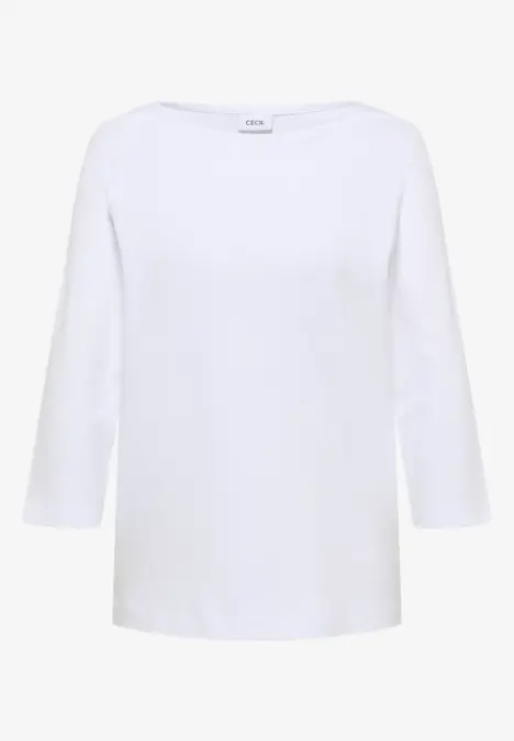 Schlichtes weißes Damen-Shirt mit 3/4-Ärmeln und weitem Rundhalsausschnitt.