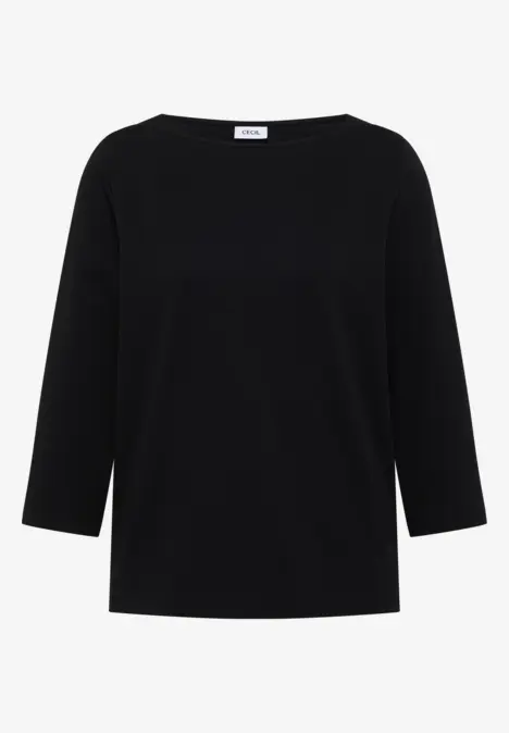 Schwarzes, schlichtes Langarmshirt mit Rundhalsausschnitt.