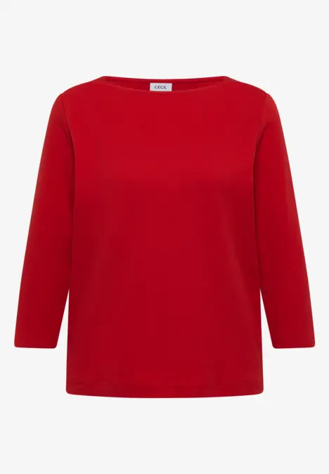 Ein rotes Langarmshirt mit rundem Ausschnitt, schlicht und klassisch.
