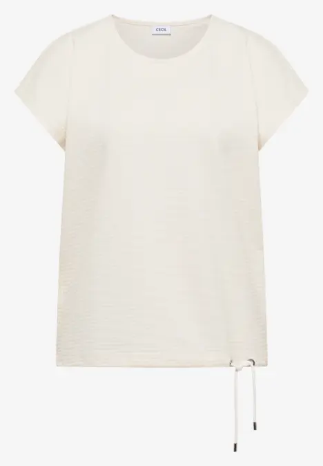 Cremefarbenes Kurzarmshirt mit Rundhals und seitlichem Kordelzug am Saum.