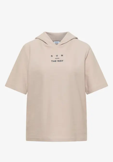Beiger, kurzärmeliger Kapuzenpullover mit dezentem Logo auf der Brust