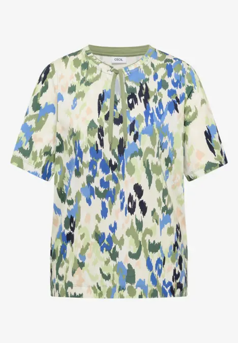 T-shirt court à motif abstrait tacheté vert, bleu, blanc et noir.