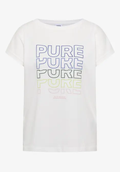 Biały T-shirt z kolorowym, powtarzającym się napisem PURE