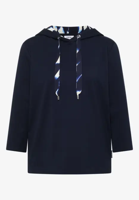 Marineblauer Kapuzenpullover mit Dreiviertelärmeln und gemusterten Kordeln am Hoodie