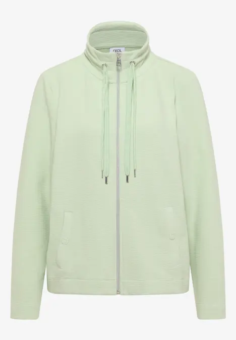 Hellgrüne Sweatjacke mit Reißverschluss, Stehkragen und Kordelzug.