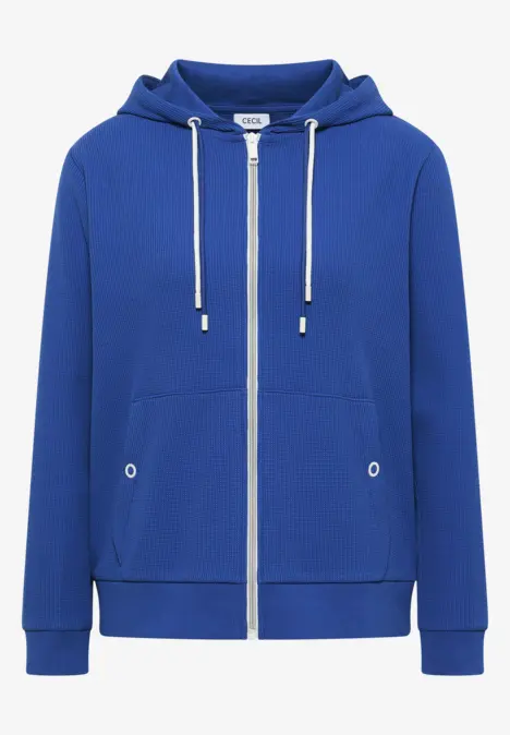 Blaue Kapuzenjacke mit Reißverschluss, Kängurutaschen und Kordelzug, schlichtes Design.