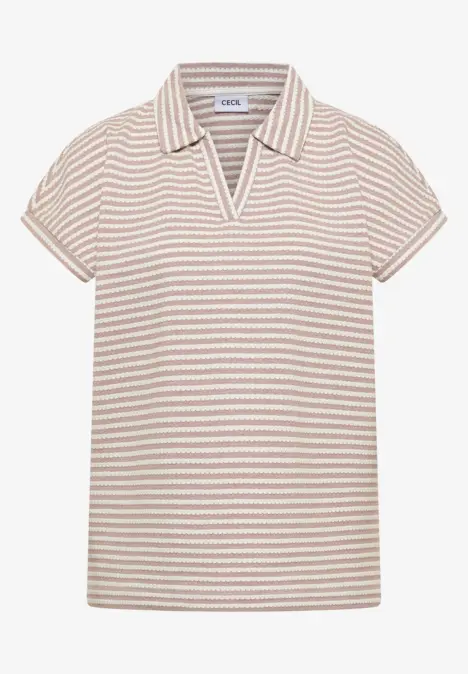 Gestreiftes kurzärmeliges Poloshirt in Beige und Weiß mit V-Ausschnitt.