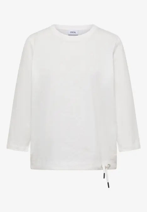 Weißes Langarmshirt mit Rundhalsausschnitt und verstellbarem Tunnelzug am Saum.