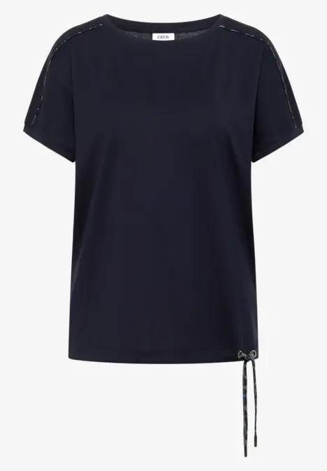 Dunkelblaues Damen-T-Shirt mit Rundhalsausschnitt, kurzen Ärmeln und seitlichem Kordelzug.