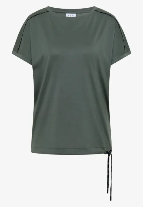 Lässiges, kurzärmliges Shirt in Olivgrün mit Rundhalsausschnitt und seitlicher Kordel zum Binden.