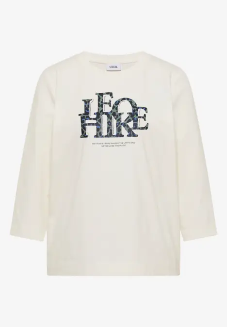 T-shirt manches longues crème avec inscription 'LEOHINE' stylisée sur le devant.