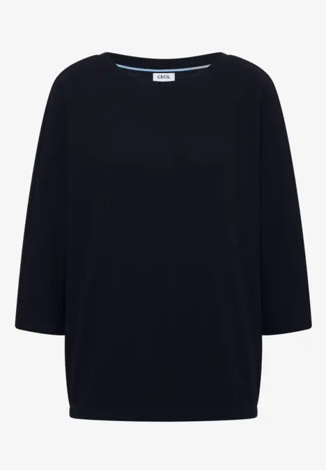 Schwarzer Pullover mit weiten 3/4-Ärmeln und weitem Rundhalsausschnitt.