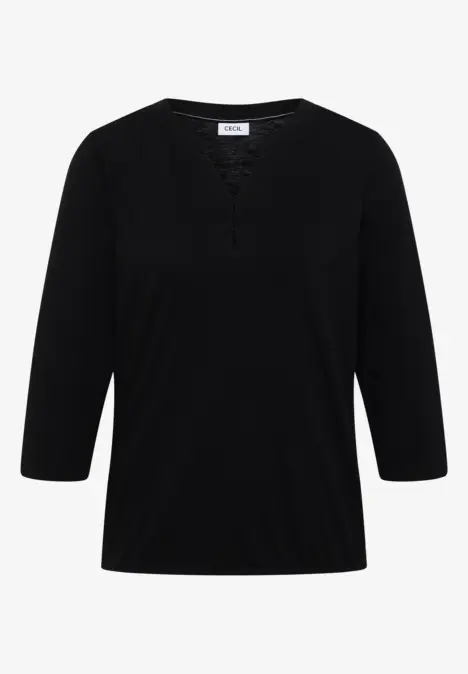 Schwarzes Shirt mit 3/4-Ärmeln und V-Ausschnitt mit Spitzenbesatz