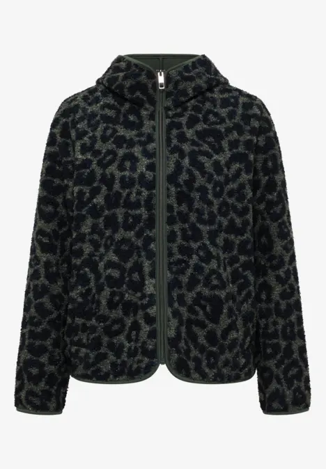 Flauschige Kapuzenjacke mit Reißverschluss, dunkelgrün-schwarzes Leopardenmuster.