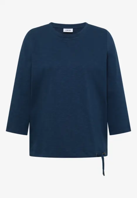 Dunkelblaues Damen-Shirt mit 3/4-Ärmeln, Rundhalsausschnitt und seitlichem Kordelzug am Saum.