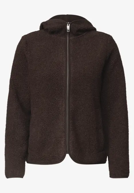 Donkerbruine teddyfleece jas met capuchon en volledige ritssluiting.