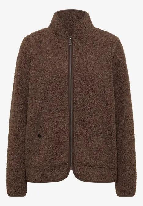 Braune Fleecejacke mit Stehkragen, durchgehendem Reißverschluss und Taschen