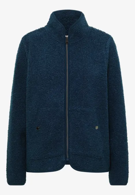 Navyblauer Teddy-Fleece-Blouson mit Stehkragen, Reißverschluss und zwei aufgesetzten Taschen.