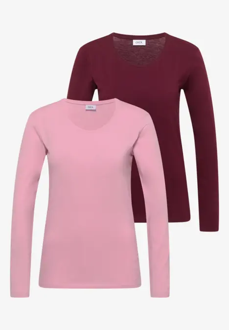 Twee T-shirts met lange mouwen in roze en bordeaux