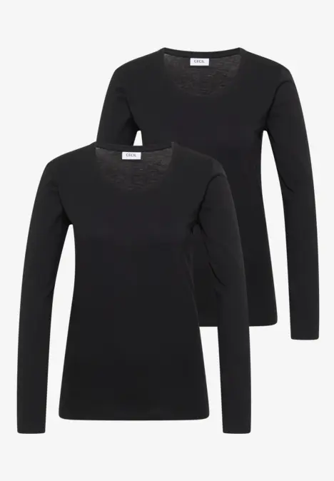 Twee zwarte longsleeves met ronde hals, eenvoudig ontwerp en glad materiaal.