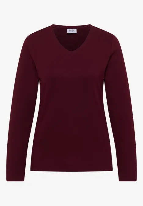 Feinstrick-Pullover mit V-Ausschnitt, langärmelig und in tiefem Burgunderrot.
