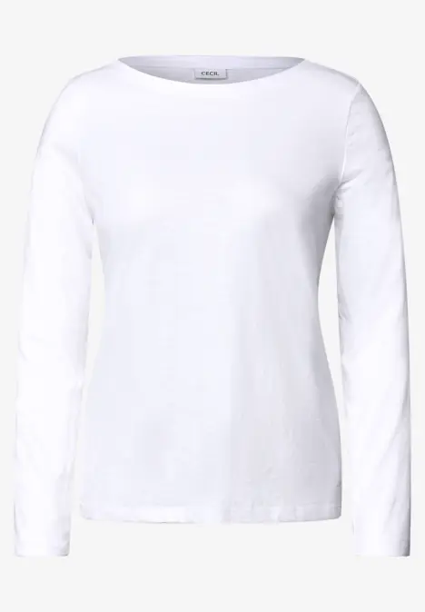 Ein weißes Langarmshirt mit Rundhalsausschnitt.
