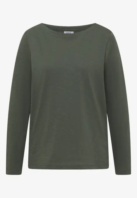 Ein dunkelgrünes, schlichtes Langarmshirt mit Rundhalsausschnitt.