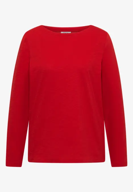 Einfaches rotes Langarmshirt mit Rundhalsausschnitt.