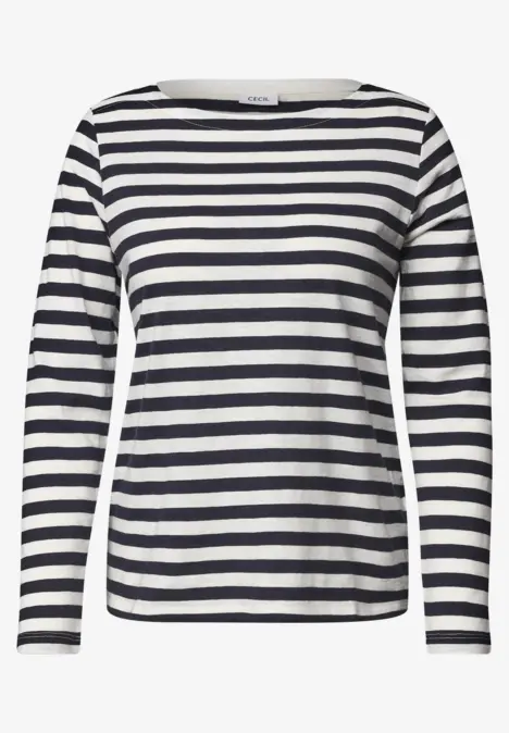 Schwarz-weiß geringeltes, langärmeliges Shirt mit rundem Ausschnitt.
