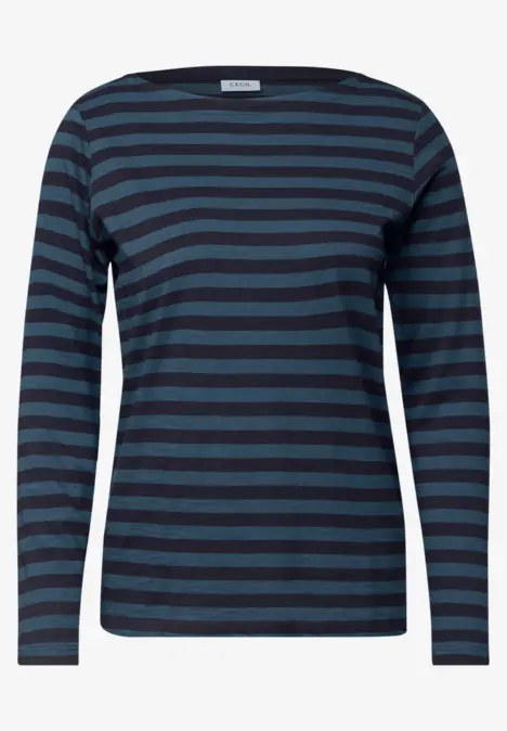 Damen-Langarmshirt mit dunkelblauen und marineblauen horizontalen Streifen.