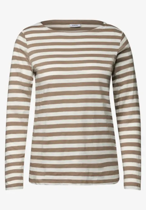 Langärmeliges Damen-Shirt mit weißen und beige-braunen horizontalen Streifen und Rundhalsausschnitt.