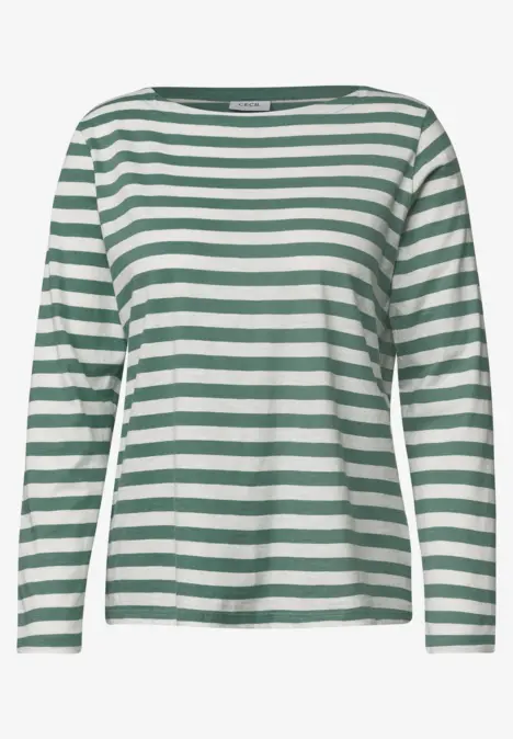 Damen-Langarmshirt mit weißen und grünen Querstreifen, legerer Passform.